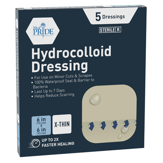 Medpride Hydrocolloid Wound Dressing Pads 6"x6" Extra Thin, Sterile Adhesive Patches, 5/Pack, Case of 12 (60 Count)