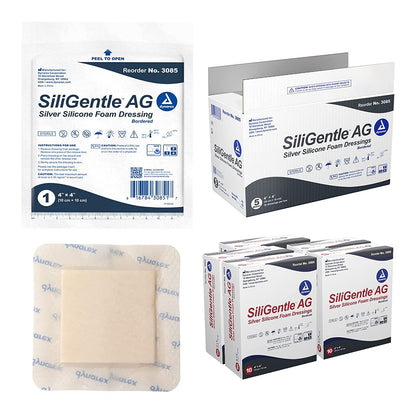 Dynarex SiliGentle AG - Silver Silicone Bordered Foam Dressing, 10ea/bx, 5bxs/cs (50 Count)