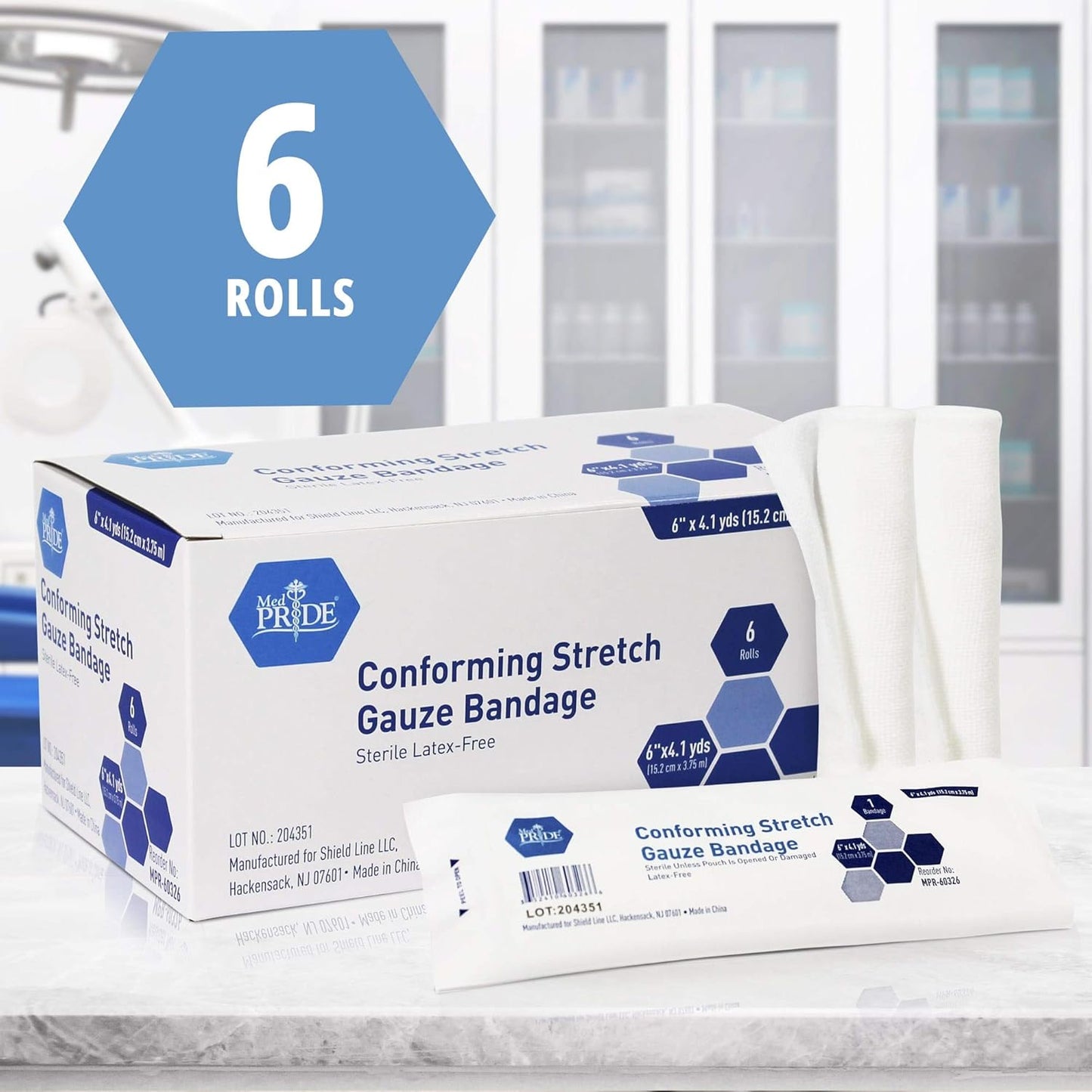 MedPride Conforming Stretch Gauze Bandage Roll - Sterile - 6"x4.1 yds - 6 Rolls/Box, Case of 8 (48 Count)