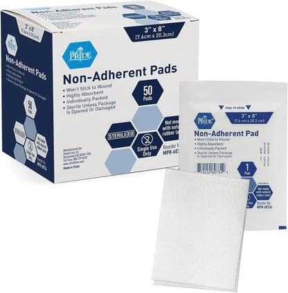 MedPride Sterile Non-Adherent Pads 3"x 8"| Non-Adhesive Wound Dressing | Highly Absorbent & Non-Stick 50/box, Case of 12 (600 Count)