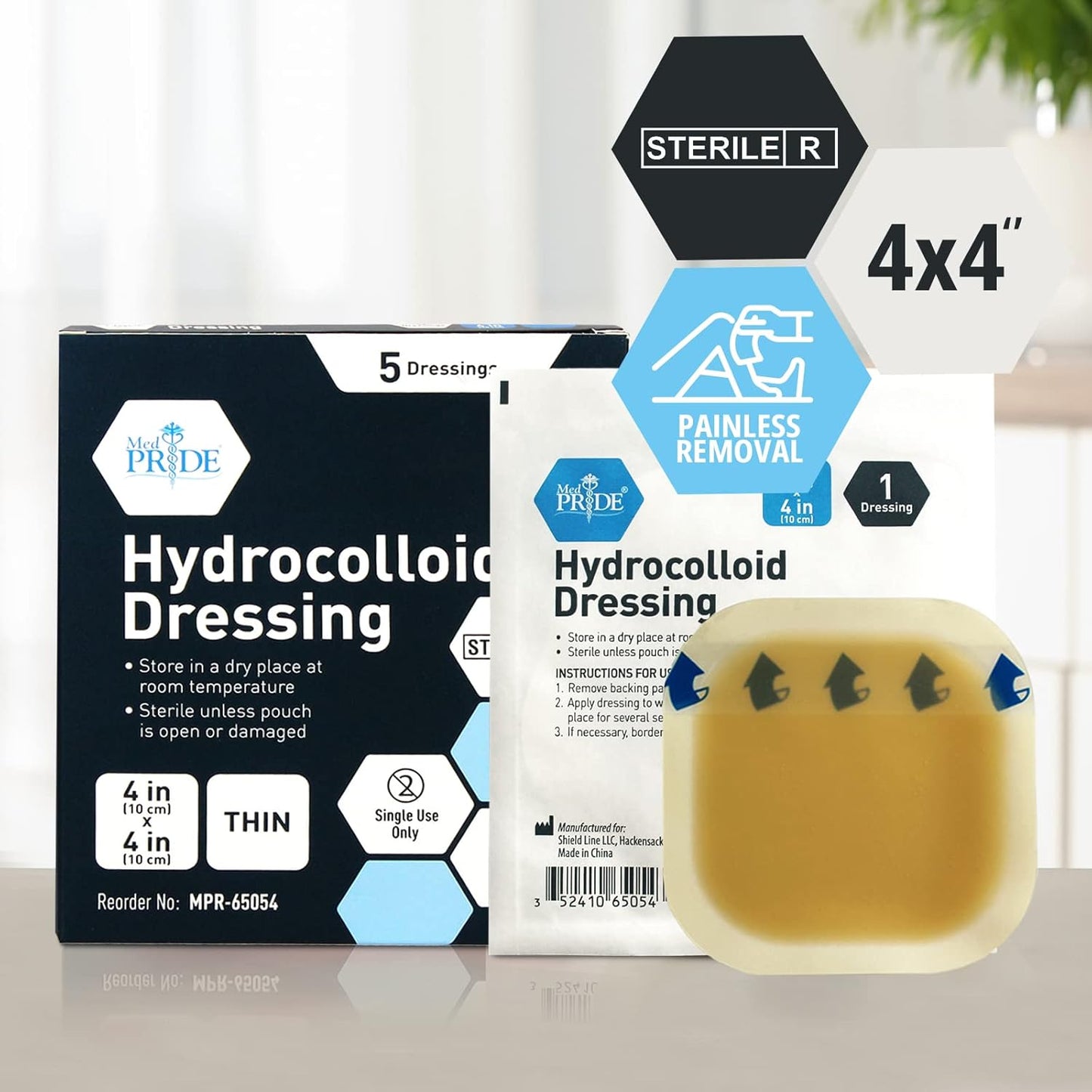 Medpride Hydrocolloid Wound Dressing Pads 4"x4" Thin, Sterile Adhesive Patches, 5/Pack, Case of 20 (100 Count)