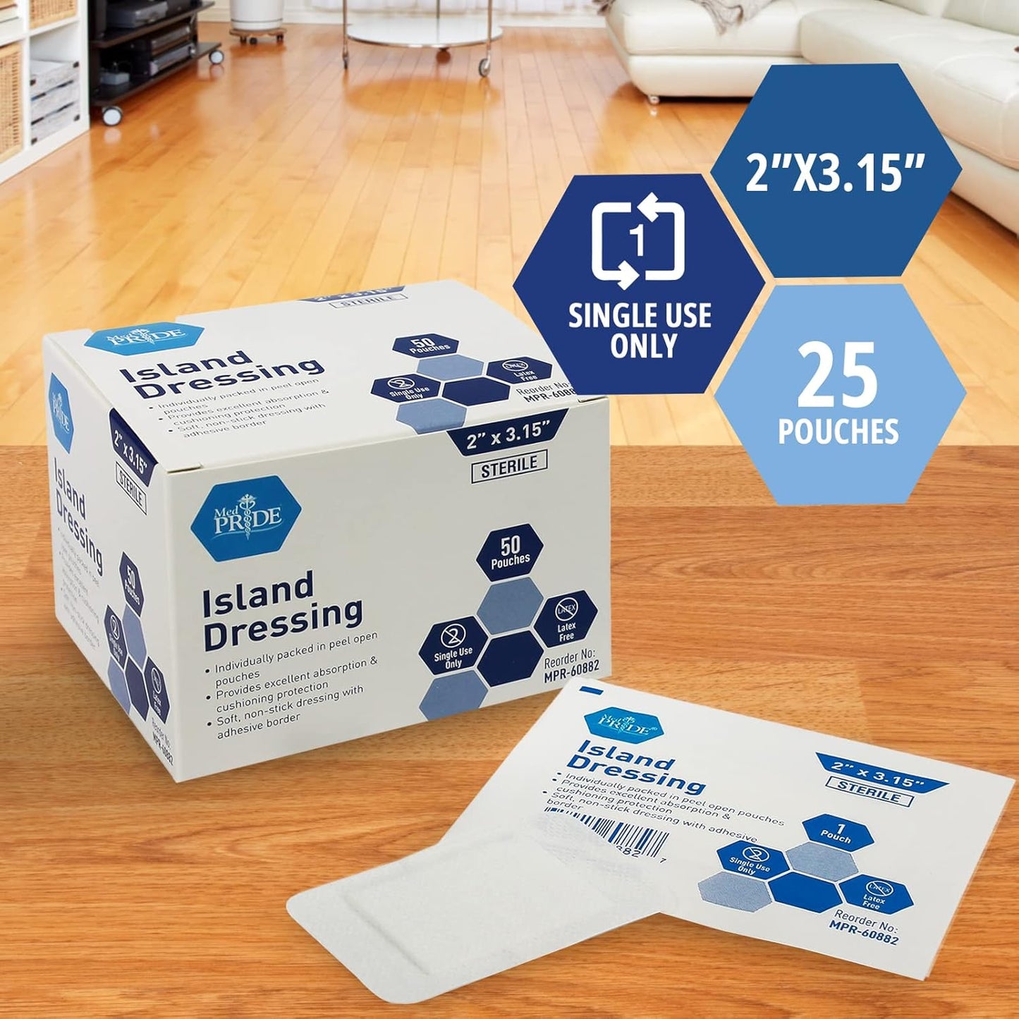 Medpride Gauze Island Dressing Sterile 2"x3.5" Wound Dressing with Adhesive, 50/Box, Case of 6 (300 Count)