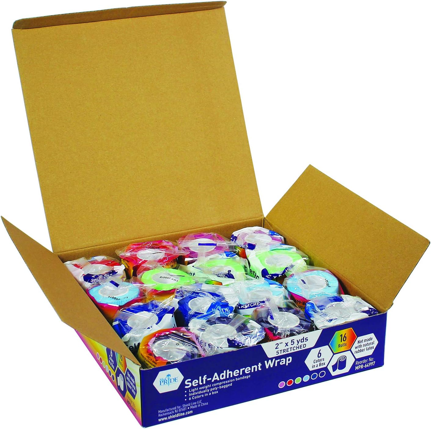 Medpride Self-Adherent Wrap, 2"x5" yds. - Rainbow - Latex Free - 16 rolls/Box, Case of 20 (320 Count)