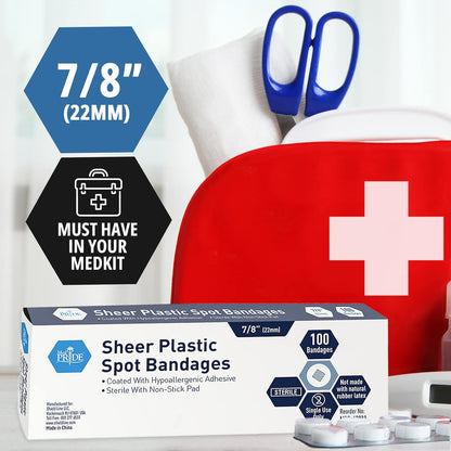 MedPride Sheer Spot Adhesive Bandages - 7/8” Sterile Small Round Bandages with Non-Stick Pad - 100/Box, Case of 48 (4800)