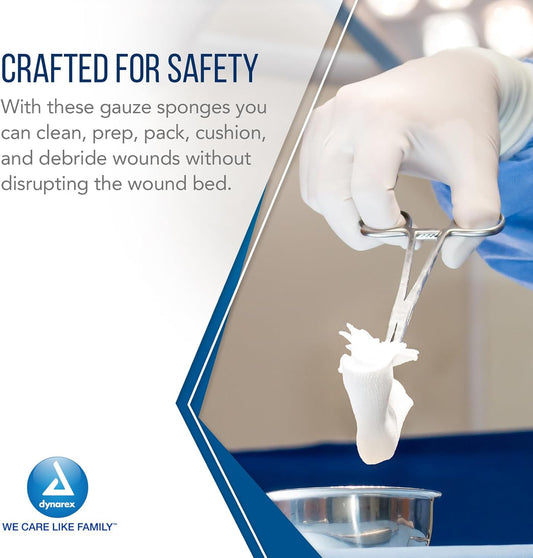 Dynarex Surgical Gauze Sponge, 2" x 2" 12 Ply, 200ea/bx, 40bxs/cs (8000 Count)