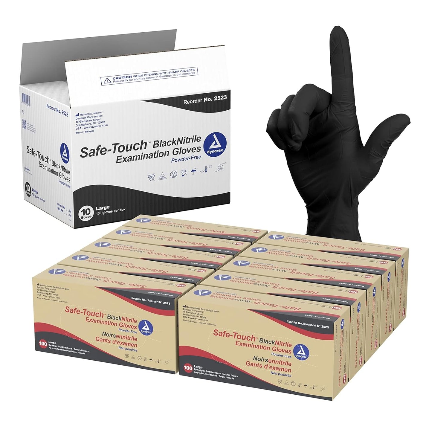Dynarex Safe-Touch Black Nitrile Exam Gloves, Powder-Free, 100/bx, 10bxs/cs (1000 Count)