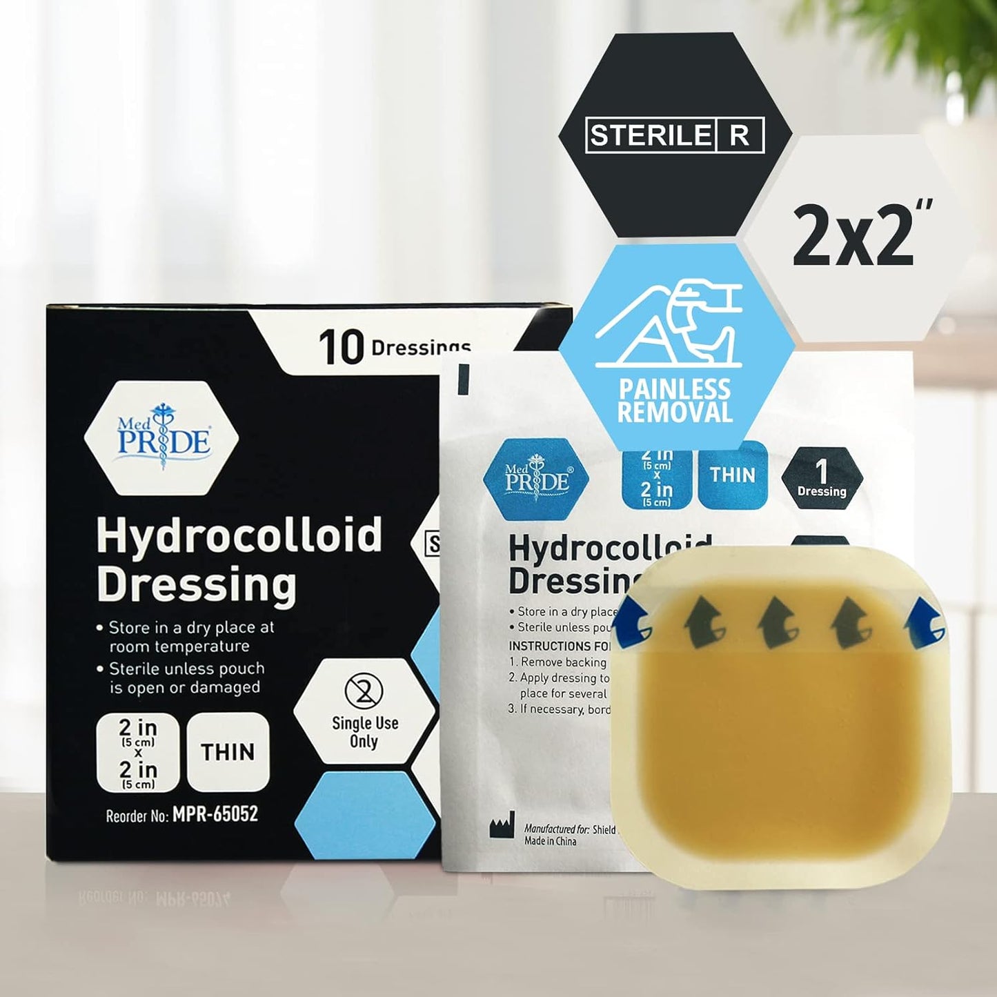 Medpride Hydrocolloid Wound Dressing Pads 2"x2" Thin, Sterile Adhesive Patches, 10/Pack, Case of 20 (200 Count)