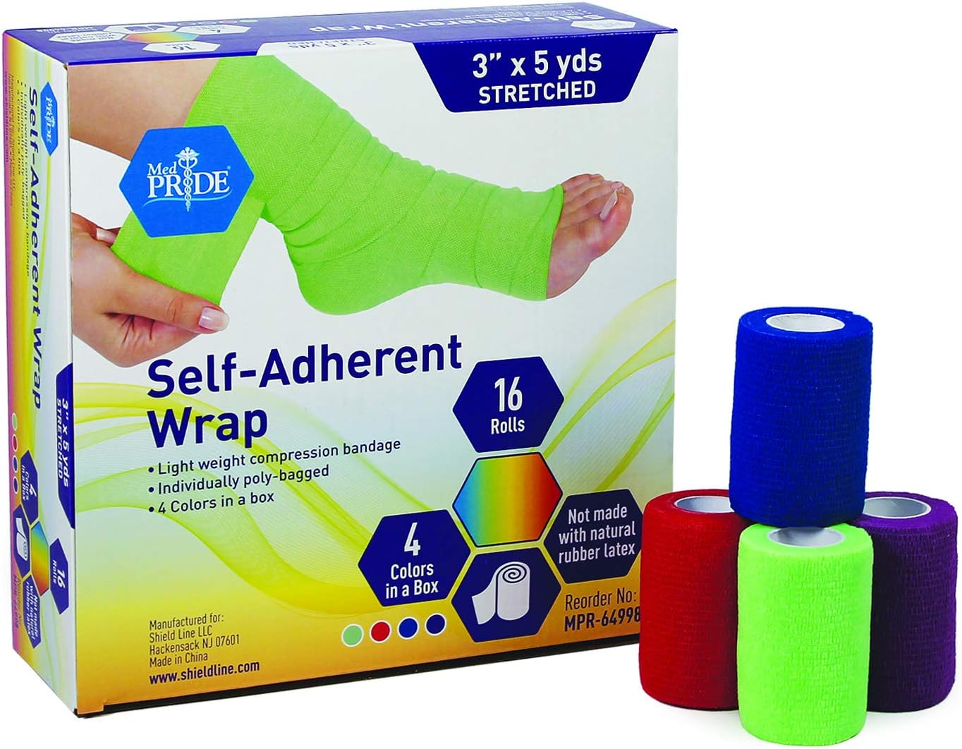 Medpride Self-Adherent Wrap, 3"x5" yds. - Rainbow - Latex Free - 16 rolls/Box, Case of 16 (256 Count)