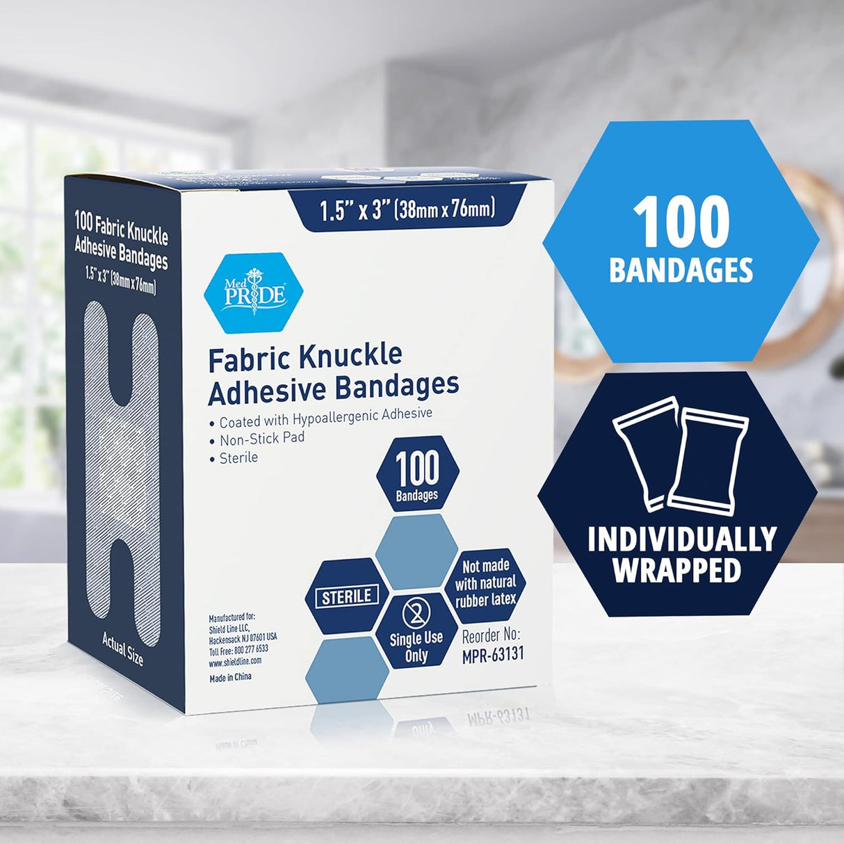 MedPride Sterile Fabric Knuckle Adhesive Bandage 1.5" x 3" - 100/Box, Case of 24 (2400 Count)