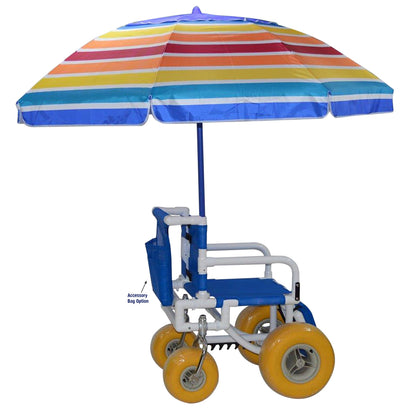 MJM International 722-ATC-ELR-YLW-GRYW-UMB-KD All Terrain Beach Wheelchair with Umbrella Heavy Duty Wheels Non-Corrosive Plastic Bearings, 2 Swivel And 2 Rigid Wheels, Padded Cushion Seat, User-Friendly Elevating Leg Rest