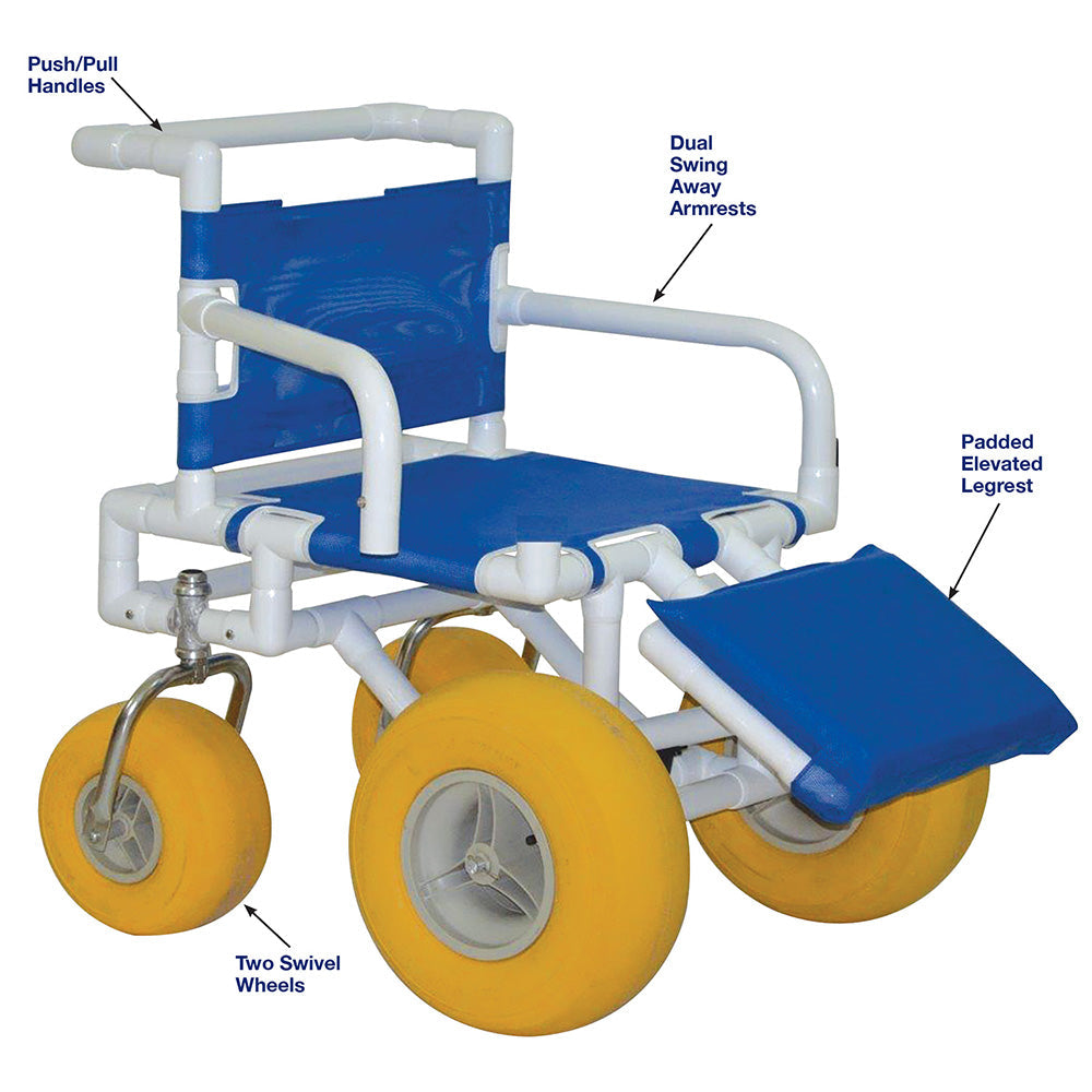 MJM International 722-ATC-ELR-YEL All Terrain Beach Wheelchair Heavy Duty Wheels Non-Corrosive Plastic Bearings, 2 Swivel And 2 Rigid Wheels, Padded Cushion Seat, User-Friendly Elevating Leg Rest