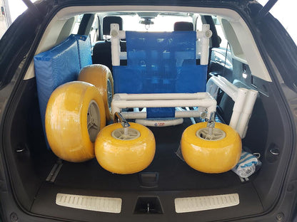 MJM International 722-ATC-YEL All Terrain Beach Wheelchair Heavy Duty Wheels Non-Corrosive Plastic Bearings, 2 Swivel And 2 Rigid Wheels, Padded Cushion Seat, User-Friendly Folding Footrest.