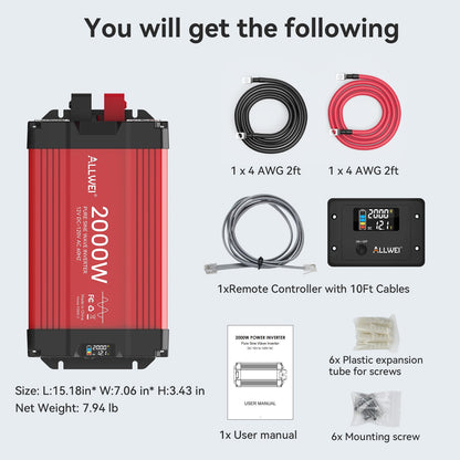 ALLWEI 2000W Pure Sine Wave Inverter - 12V DC to 120V AC Power Converter