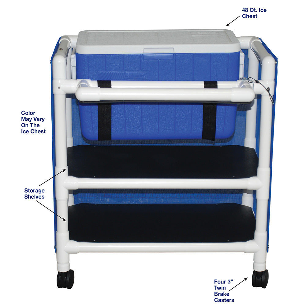 MJM International 810-2 Hydration / ice cart, with 2 storage shelves, skirt cover and panels, 48 qt ice chest