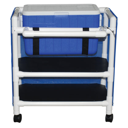 MJM International 810-2 Hydration / ice cart, with 2 storage shelves, skirt cover and panels, 48 qt ice chest