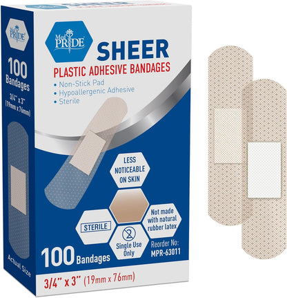 MedPride Sheer Strip Adhesive Bandage , First Aid Strips with Hypoallergenic Adhesive Sterile, 3/4"x3" - 100/Box, Case of 24 (2400 Count)