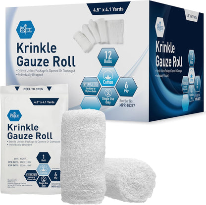 MedPride Krinkle Gauze Roll 4.5" x 4.1 yd - Sterile - 12 rolls/box, Case of 12 (144 Count)