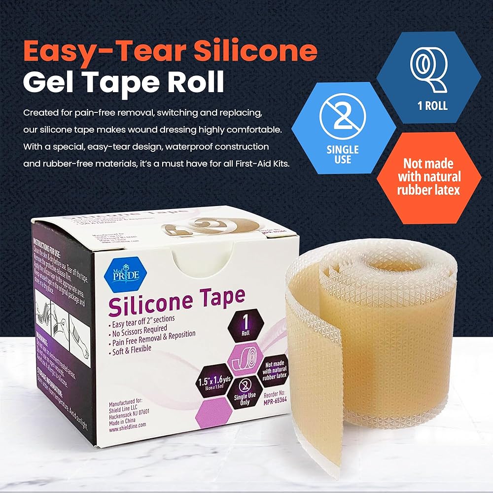 MedPride Easy-Tear Silicone Gel Tape Roll, 1.5" x 1.6yds - Case of 100