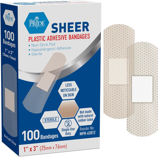 MedPride Sheer Strip Adhesive Bandage , First Aid Strips with Hypoallergenic Adhesive Sterile, 1"x3" - 100/Box, Case of 24 (2400 Count)