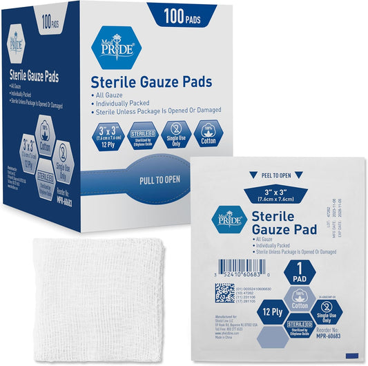 MedPride Sterile Gauze Pads for Wound Dressing & First Aid Kit - 1's, 3"x3" - 12 Ply - 100/box, Case of 24 (2,400 Count)