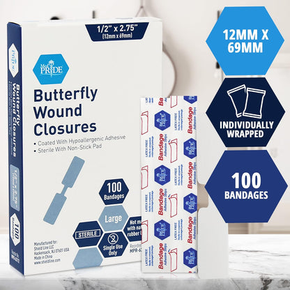 MedPride Adhesive Bandage, Butterfly Wound Closures Fabric, 1/2" x 2.75" Large, Sterile - 100/Box, Case of 24 (2400 Count)