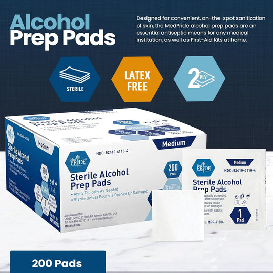 MedPride Sterile Alcohol Prep Pads - Medium - 200 pads, Case of 10 ( 2000 count)