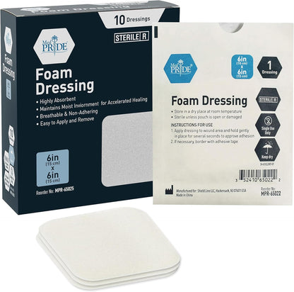 Medpride Foam Dressings 6"x6" - Sterile, Hydrophilic, Highly Absorbent- Soft, Non-Adhesive Pads, 10/Pack, Case of 20 (200 Count)