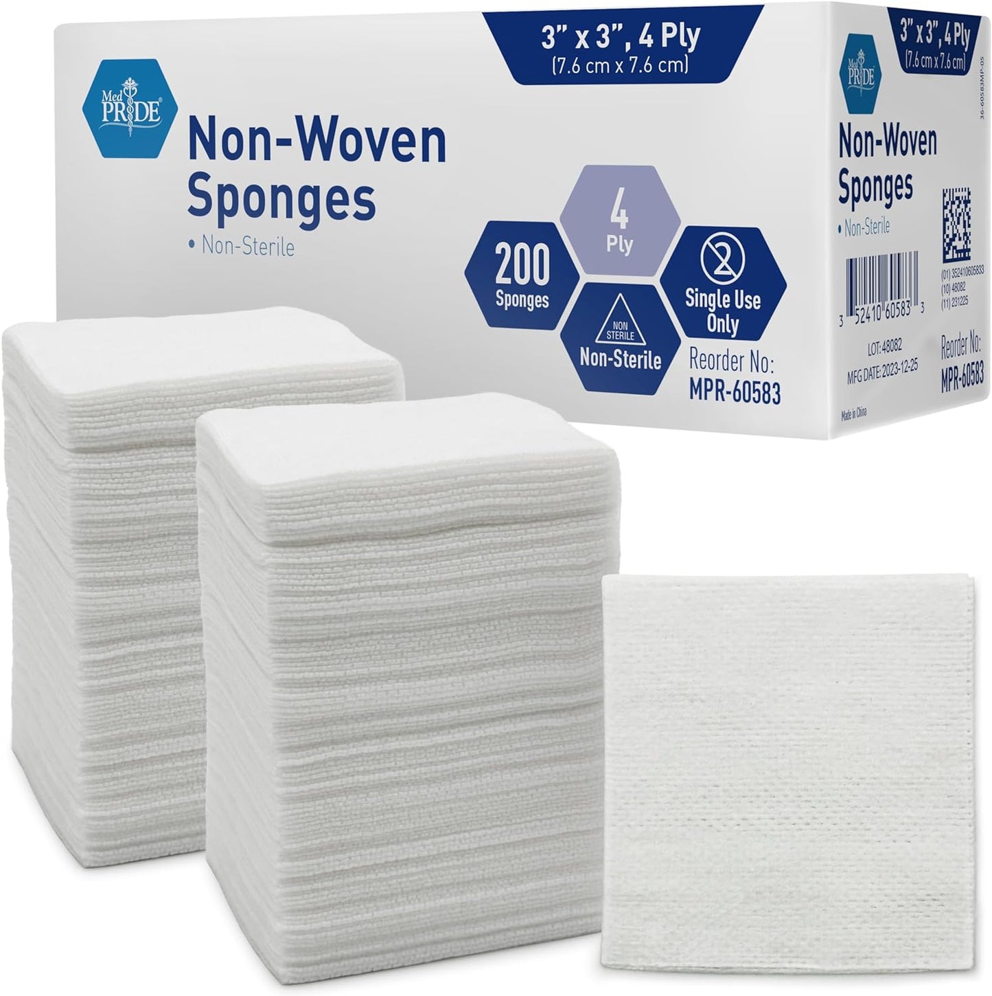 MedPride Non-Woven Surgical Sponges, First Aid Wound Care Dressing Sponge Non-Sterile - 3"x3" - 4 Ply, 200/Box, Case of 20 (4000 Count)