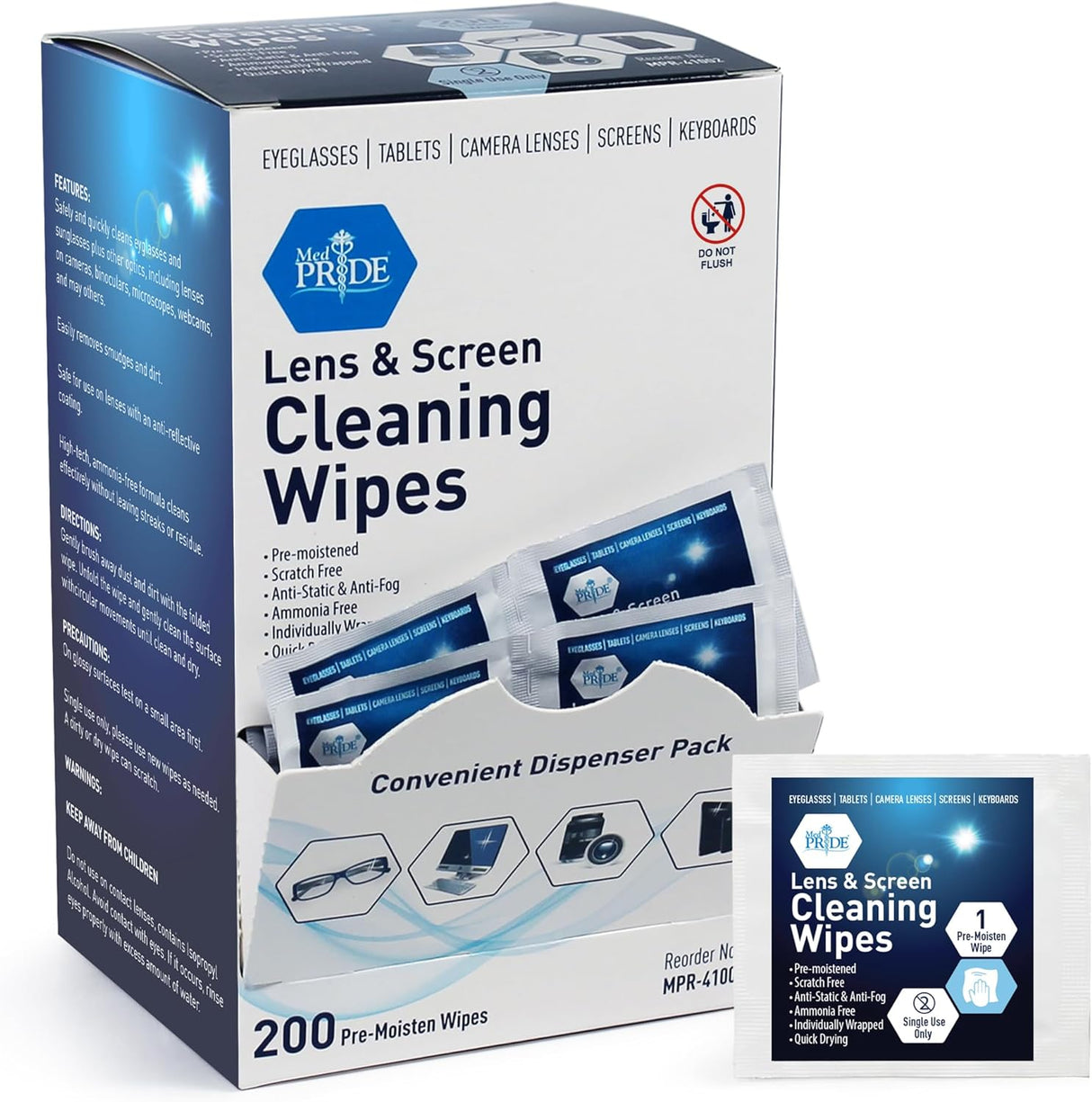 MedPride Premoistened Lens Cleaning Wipes - 6" x 5"- 200 wipes/ Case of 20 (4000 count)