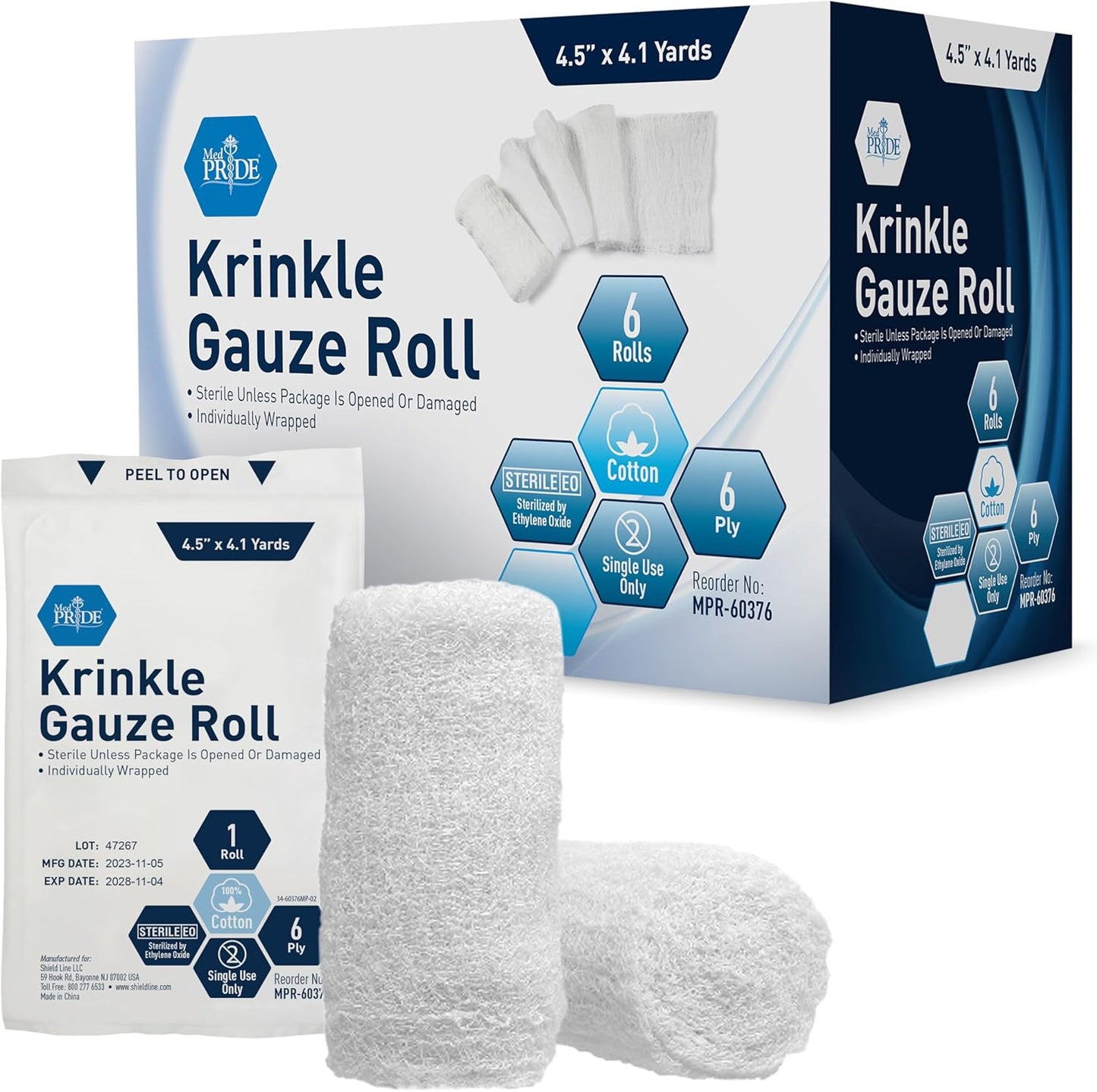MedPride Krinkle Gauze Roll 4.5" x 4.1 yd - Sterile - 6 rolls/box, Case of 24 (144 Count)
