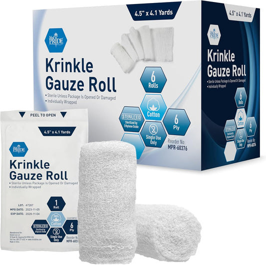 MedPride Krinkle Gauze Roll 4.5" x 4.1 yd - Sterile - 6 rolls/box, Case of 24 (144 Count)