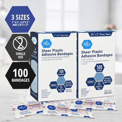 MedPride Sheer Strip Adhesive Bandage , First Aid Strips with Hypoallergenic Adhesive Sterile, 1"x3" - 100/Box, Case of 24 (2400 Count)