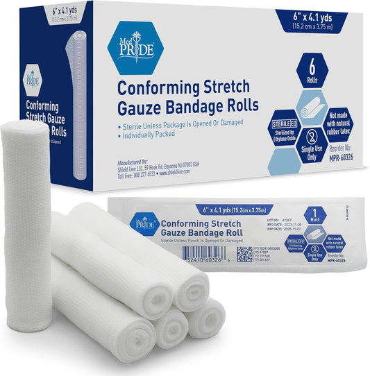 MedPride Conforming Stretch Gauze Bandage Roll - Sterile - 6"x4.1 yds - 6 Rolls/Box, Case of 8 (48 Count)