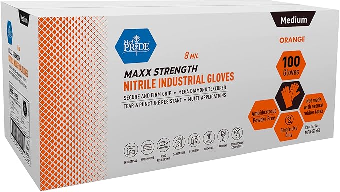 MedPride Maxx Strength Nitrile Industrial Orange Gloves, 8 Mil Thick - 100 Gloves / Case of 10 (1000 Count)