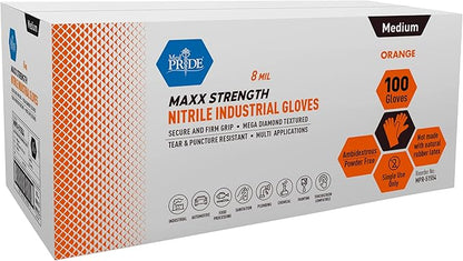 MedPride Maxx Strength Nitrile Industrial Orange Gloves, 8 Mil Thick - 100 Gloves / Case of 10 (1000 Count)