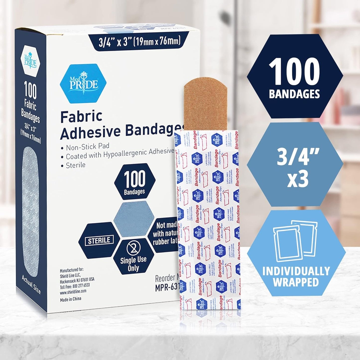 MedPride Sterile Fabric Adhesive Bandages, 3/4'' x 3" First Aid Bandages Coated with Hypoallergenic Adhesive & Non-Stick Pad - 100/Box, Case of 24 (2400 Count)