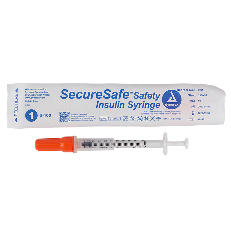 Dynarex SecureSafe Safety Insulin Syringe - New Mechanism (500 Count)