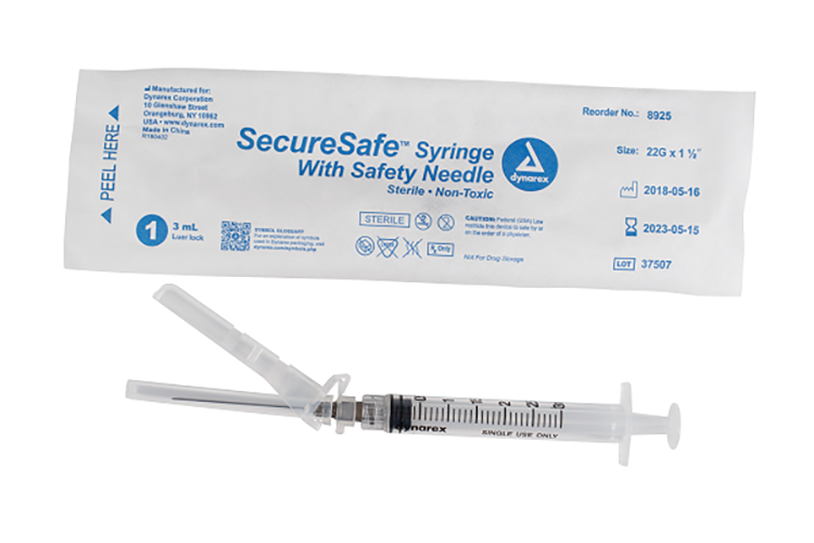 Dynarex SecureSafe Syringe w/ Safety Needle, 3cc - Luer Lock (800 Count)