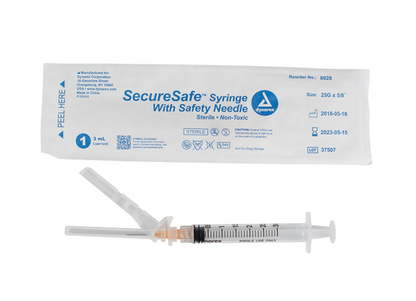 Dynarex SecureSafe Syringe w/ Safety Needle, 3cc - Luer Lock (800 Count)