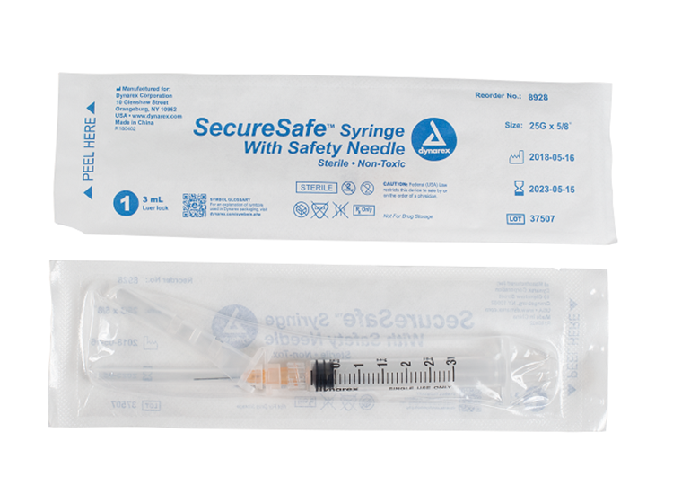 Dynarex SecureSafe Syringe w/ Safety Needle, 3cc - Luer Lock (800 Count)