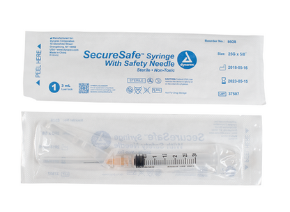 Dynarex SecureSafe Syringe w/ Safety Needle, 3cc - Luer Lock (800 Count)
