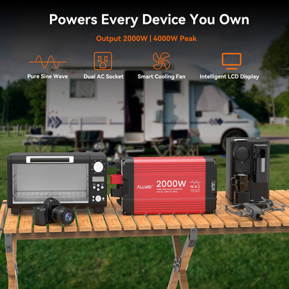 ALLWEI 2000W Pure Sine Wave Inverter - 12V DC to 120V AC Power Converter