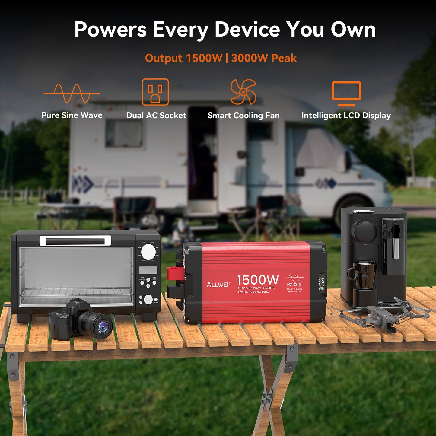 ALLWEI 1500W Pure Sine Wave Inverter 12V to 120V AC