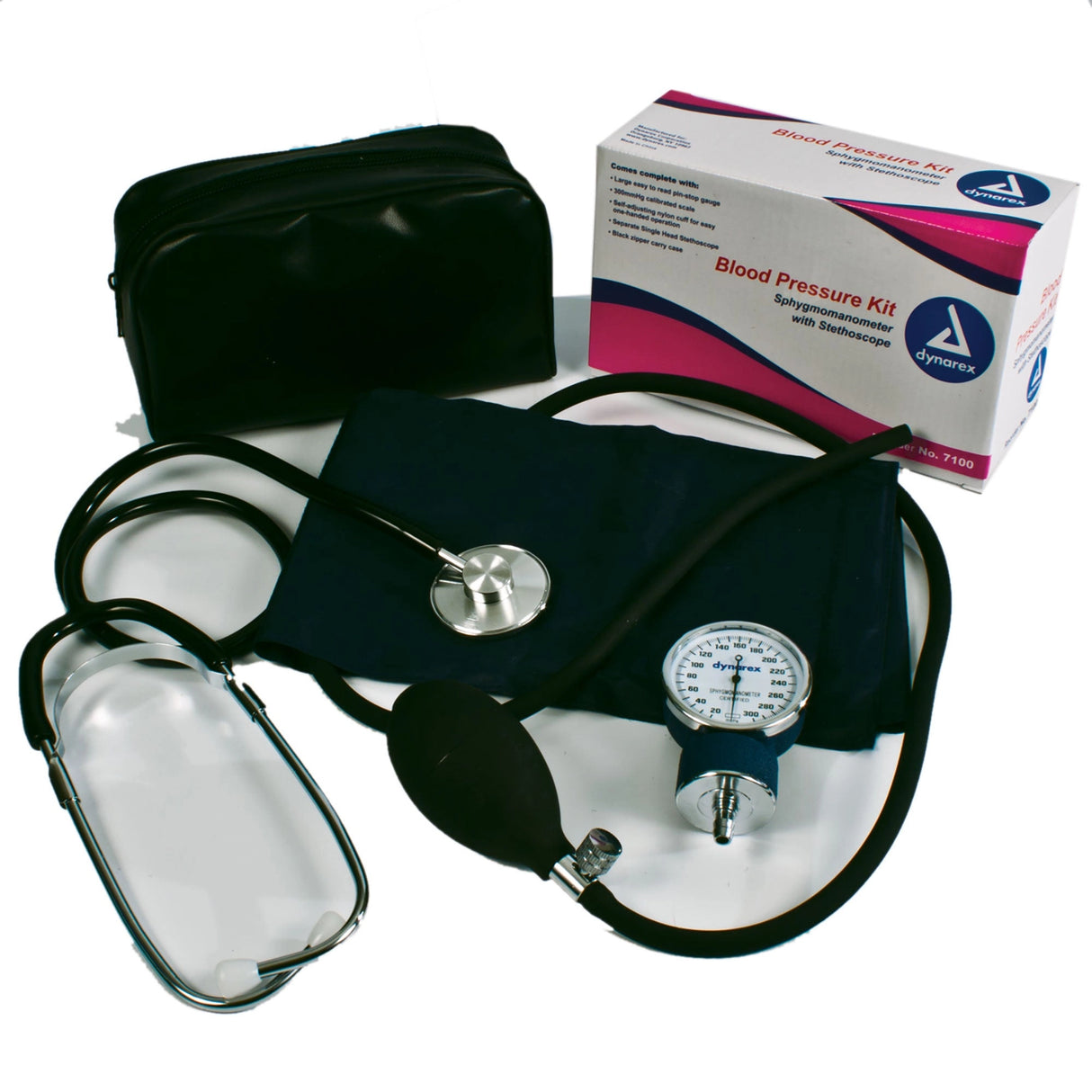 Blood pressure kit with black cuff, gauge, and carrying case on a white background