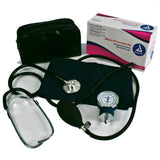 Blood pressure kit with black cuff, gauge, and carrying case on a white background
