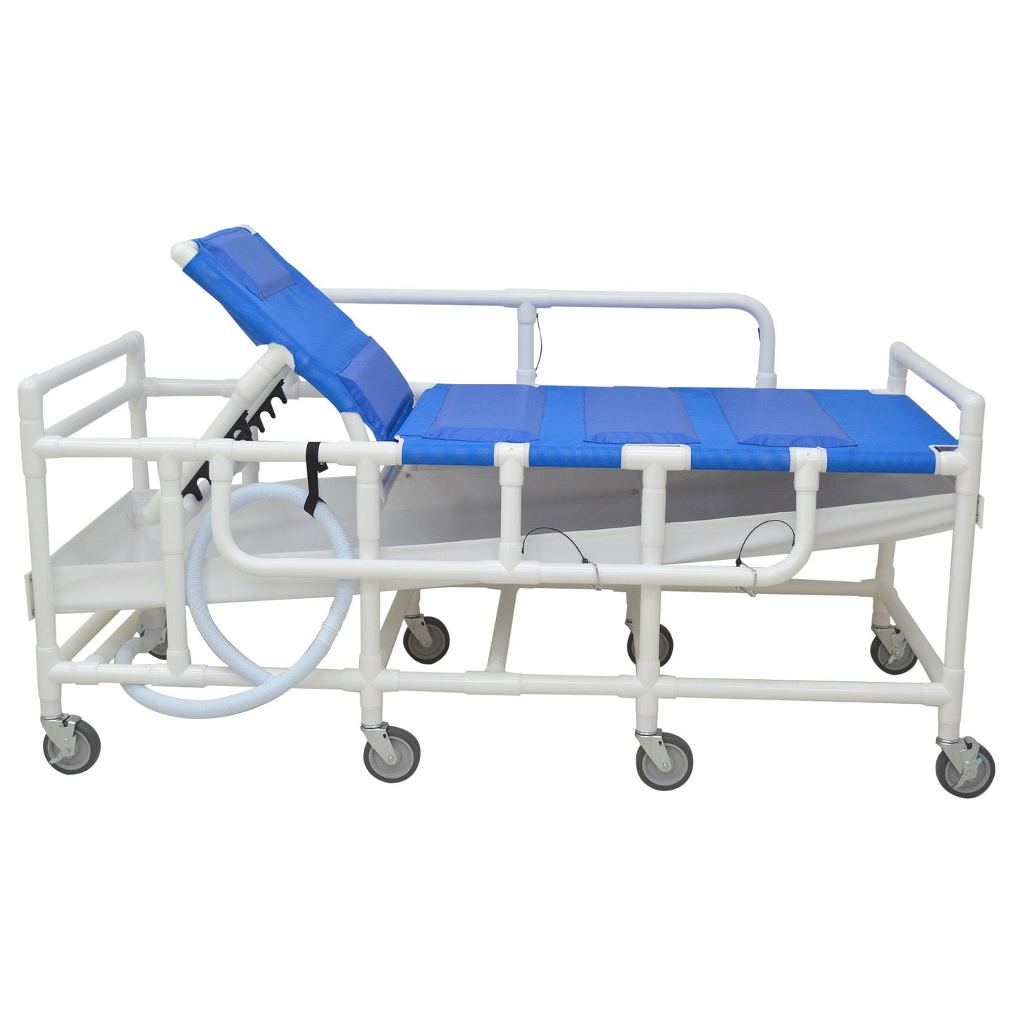 MJM International 910-B Bariatric shower gurney with three position elevating headrest, close cell water proof foam pad, drain pan & drain hose, 600 lbs weight capacity