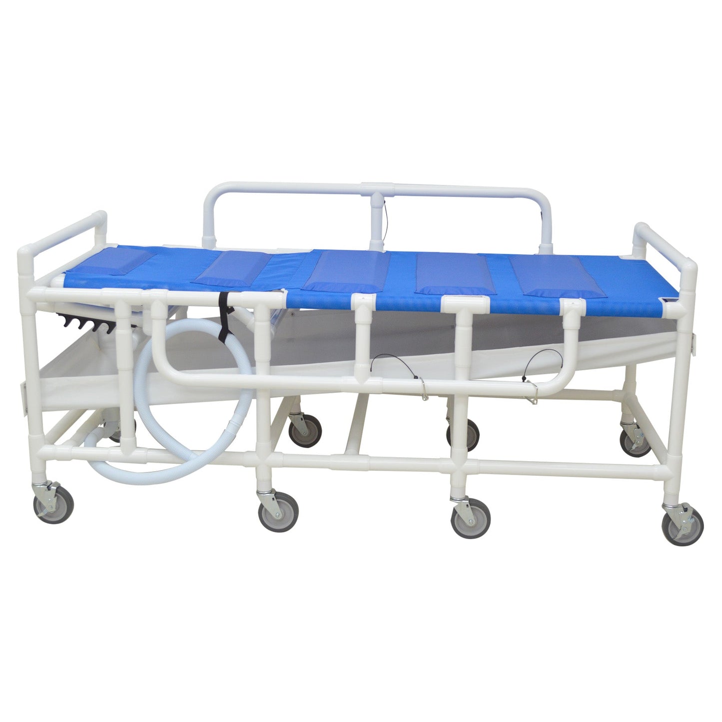 MJM International 910-B Bariatric shower gurney with three position elevating headrest, close cell water proof foam pad, drain pan & drain hose, 600 lbs weight capacity