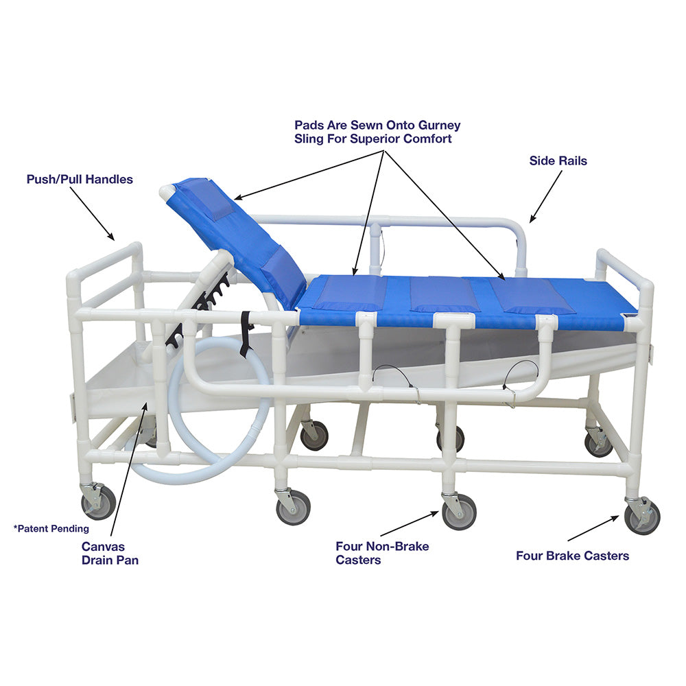 MJM International 910-B Bariatric shower gurney with three position elevating headrest, close cell water proof foam pad, drain pan & drain hose, 600 lbs weight capacity