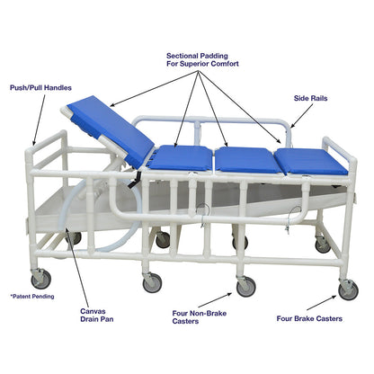 MJM International 910-DB Bariatric shower gurney with three position elevating headrest, close cell water proof foam pad, drain pan & drain hose, 900 lbs weight capacity