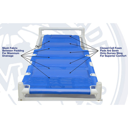 MJM International 910 Shower gurney with three position elevating headrest, close cell water proof foam pad, solid vinyl material drain pan & drain hose, (6) 5" x 1 1/4" heavy duty casters, 450 lbs weight capacity
